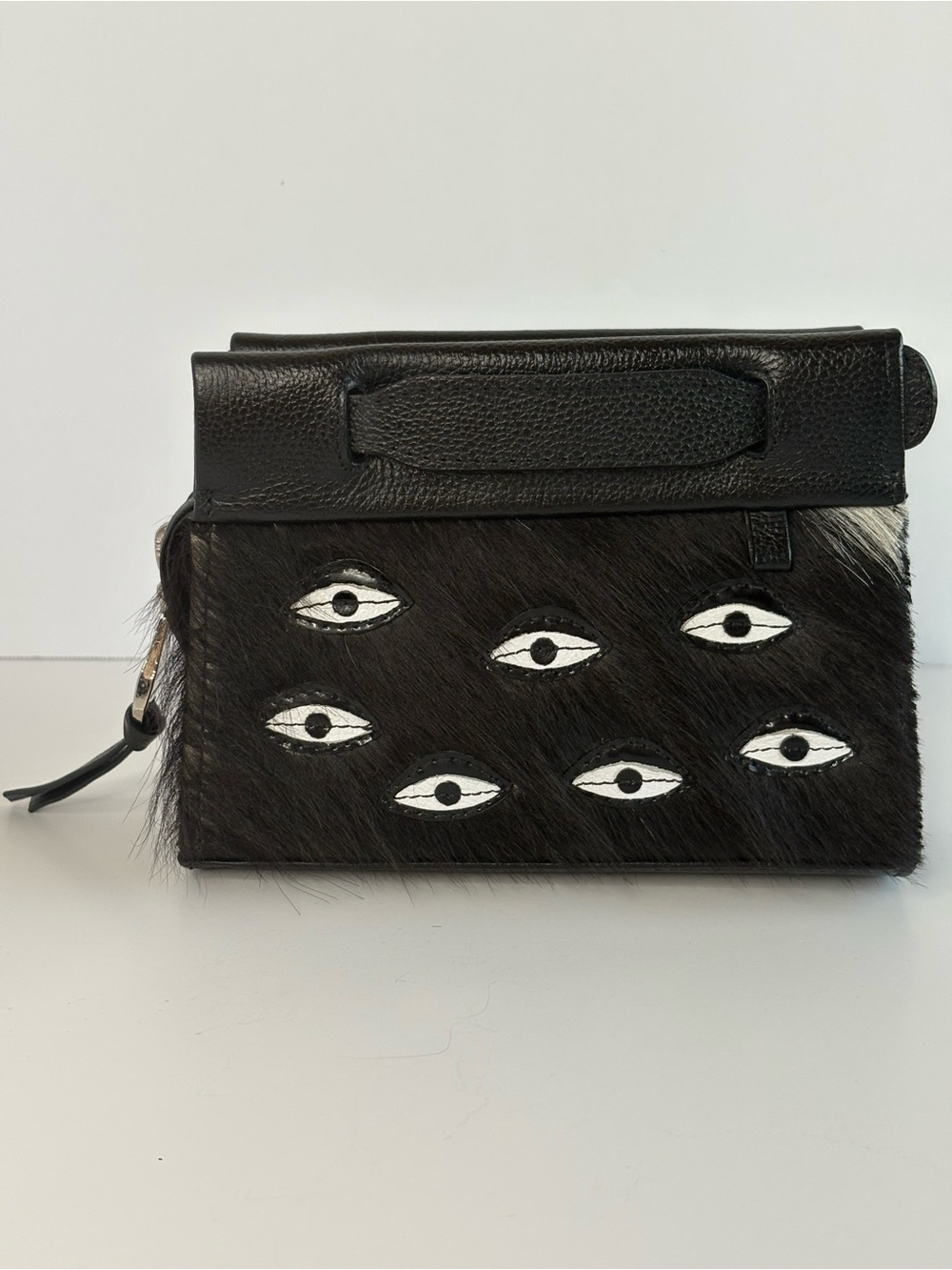 Min & Mon Vali Calfhair All Over Eyes Leather Crossbody Clutch Black